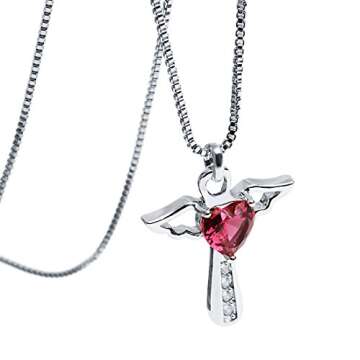 Ckysee Silver Plated Angel Birthstone Necklace,Cubic Zirconia Cross Necklace for Women,First Communion Baptism Gifts （July-Ruby）