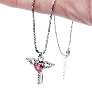 Ckysee Silver Plated Angel Birthstone Necklace,Cubic Zirconia Cross Necklace for Women,First Communion Baptism Gifts （July-Ruby）