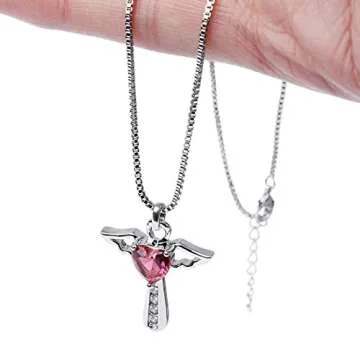 Ckysee Silver Plated Angel Birthstone Necklace,Cubic Zirconia Cross Necklace for Women,First Communion Baptism Gifts （July-Ruby）