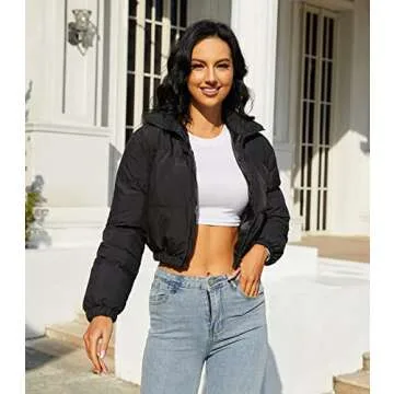 Angsuttc Puffer Jacket Womens Cropped Zip Up Padding Warm Quilted Jackets Winter Coats