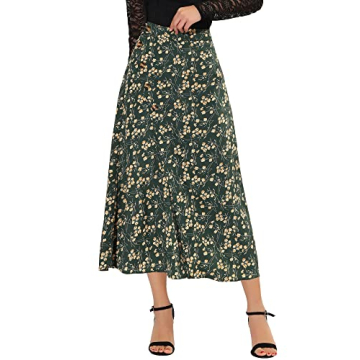 Allegra K Women's Floral Print Button Decor A-Line High Waist Slit Maxi Skirt X-Small Dark Green