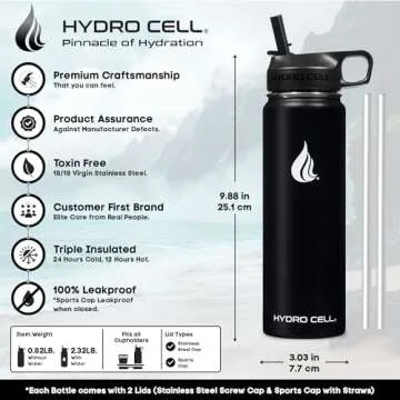 HYDRO CELL Stainless Steel Insulated Water Bottle with Straw - For Cold & Hot Drinks - Metal Vacuum Flask with Screw Cap and Modern Leakproof Sport Thermos for Kids & Adults (Black 24oz)