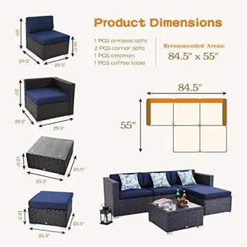 PHI VILLA Outdoor Patio Sectional Furniture Set 5 Piece Low-Back Rattan Sofa Set Wicker Patio Conversation Set with 4 Seat Cushions and 1 Tempered Glass Table (Navy Blue)
