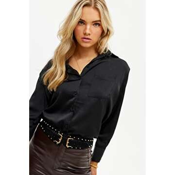 Pausus Women's Elegant Black Silk Long Sleeve V Neck Blouse with Pocket