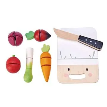 Tender Leaf Toys - Mini Chef Chopping Board - 16 Pcs Wooden Cutting Vegetable Toys with Knife - Accessories for Play Kitchen with Drawstring Bag - Develops Fine Motor Skills for Kids - Age 3+