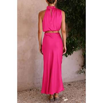 PRETTYGARDEN Women's 2 Piece Satin Outfits Summer Sleeveless Mock Neck Crop Tops and Long Skirt Dress Sets (Rose Red,Small)