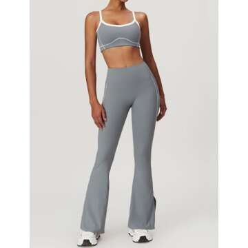 OMEWEE Yoga sets for women 2 piece Fashion contrasting lines Sports Bra and High Wasit Split hem Flared Leggings Grey L