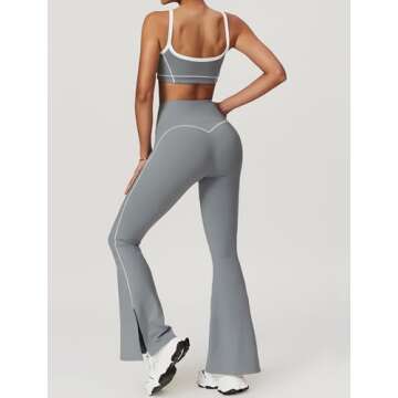 OMEWEE Yoga sets for women 2 piece Fashion contrasting lines Sports Bra and High Wasit Split hem Flared Leggings Grey L