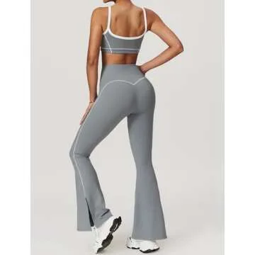 OMEWEE Yoga sets for women 2 piece Fashion contrasting lines Sports Bra and High Wasit Split hem Flared Leggings Grey L