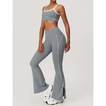OMEWEE Yoga sets for women 2 piece Fashion contrasting lines Sports Bra and High Wasit Split hem Flared Leggings Grey L