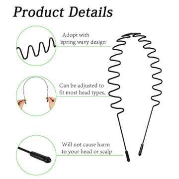 LERNOU Metal Men Headbands Women Hair Bands, Unisex Black Wavy,Spring And Summer Outdoor Sports Head...