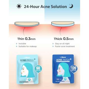 LitBear Acne Pimple Patches- Day and Night 4 Sizes 180 Dots Thin & Thick Hydrocolloid Patches with Witch Hazel, Tea Tree & Calendula Oil, Extra Adhesion for Face Zit Patch Dots