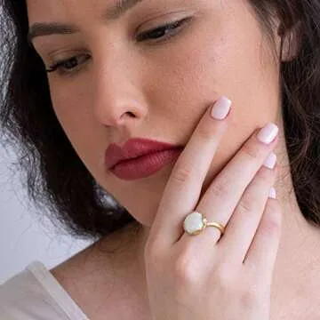 14k Gold Plated Sterling Silver White Opal Sizable Ring For Women; Vintage Style Gold Plated Opal October Birthstone Sizable Ring That Is Perfect For Engagement or Promise Sizable Ring