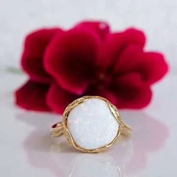 14k Gold Plated Sterling Silver White Opal Sizable Ring For Women; Vintage Style Gold Plated Opal October Birthstone Sizable Ring That Is Perfect For Engagement or Promise Sizable Ring