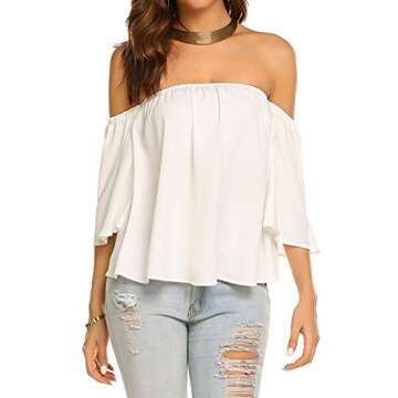 Bluetime Women Summer Off The Shoulder Chiffon Tops with Ruffles and Short Sleeves for Casual Stylin...