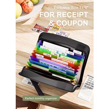 ThinkTex Receipt Coupon Organizer, 12 Pockets Small Accordian File Organizer, Junior Size 11x 6.6 Inches, Zipper Closure, Multi-Color Tabs