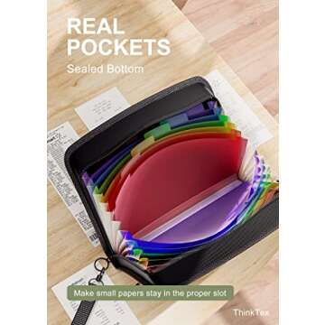 ThinkTex Receipt Coupon Organizer, 12 Pockets Small Accordian File Organizer, Junior Size 11x 6.6 Inches, Zipper Closure, Multi-Color Tabs