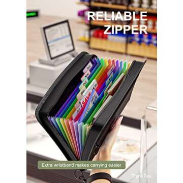 ThinkTex Receipt Coupon Organizer, 12 Pockets Small Accordian File Organizer, Junior Size 11x 6.6 Inches, Zipper Closure, Multi-Color Tabs