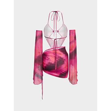 CAPE CLIQUE Women Marble Print Halter Backless Dress Split Long Sleeves Sexy Slim Fit Mini Dress Cool-Street Skirt Suit Red