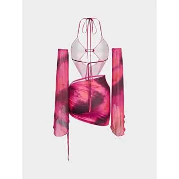 CAPE CLIQUE Women Marble Print Halter Backless Dress Split Long Sleeves Sexy Slim Fit Mini Dress Cool-Street Skirt Suit Red