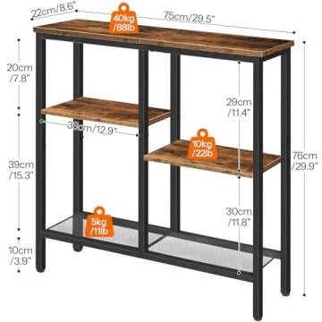 HOOBRO Console Table, Narrow Side Table, Sofa Table, 4-Tier Industrial Hallway Table with Metal Mesh Shelf and Adjustable Feet, for Entryway, Living Room, Hallway, Rustic Brown and Black BF79XG01