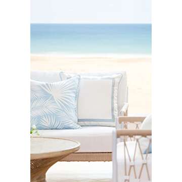 Hofdeco Premium Coastal Hampton Style Patio Indoor Outdoor Pillow Cover Only, 20"x20" Water Resistant for Backyard, Couch, Baby Blue Embroidered Square Line