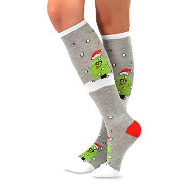 Christmas Holiday Ugly Santa Deer Candy Cane Knee High Socks for Women 9-Pairs Gift Box (Christmas)