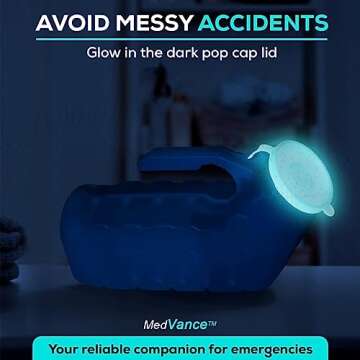 MedVance- Urinals for Men 1000ml with Glow in The Dark Spill Proof Pop Cap Lid, Plastic Pee Bottles for Men, Male Urinals, Pee Container Men, Portable Urinal for Car, Elderly & Incontinence (4 Pack)