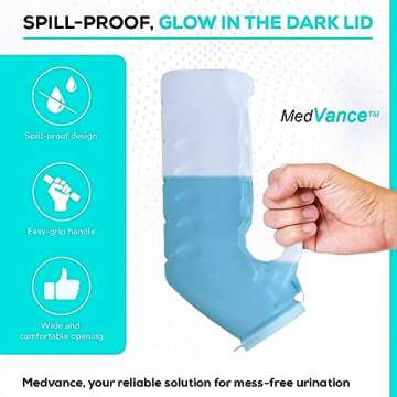 MedVance- Urinals for Men 1000ml with Glow in The Dark Spill Proof Pop Cap Lid, Plastic Pee Bottles for Men, Male Urinals, Pee Container Men, Portable Urinal for Car, Elderly & Incontinence (4 Pack)