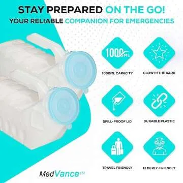 MedVance- Urinals for Men 1000ml with Glow in The Dark Spill Proof Pop Cap Lid, Plastic Pee Bottles for Men, Male Urinals, Pee Container Men, Portable Urinal for Car, Elderly & Incontinence (4 Pack)