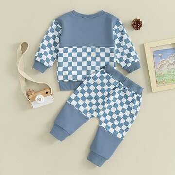 Newborn Baby Boy Clothes Pants Outfits Toddler Plaid Long Sleeve Pullover Bodysuit Set Soft 2024 Fall Winter Outfit (Plaid Blue, 12-18 Months)