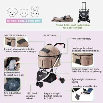 Petique 3-in-1 Newport Pet Stroller (Travel Carrier + Car Seat + Stroller), Easy Trifold/Unfold, 360º Front Rotating Wheel, Small/Medium Dogs, Cats and Pets, Supports up to 45LBS – Champagne (Beige)