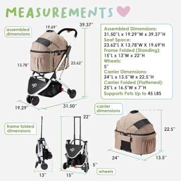 Petique 3-in-1 Newport Pet Stroller (Travel Carrier + Car Seat + Stroller), Easy Trifold/Unfold, 360º Front Rotating Wheel, Small/Medium Dogs, Cats and Pets, Supports up to 45LBS – Champagne (Beige)