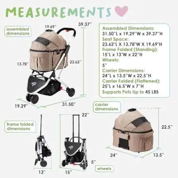 Petique 3-in-1 Newport Pet Stroller (Travel Carrier + Car Seat + Stroller), Easy Trifold/Unfold, 360º Front Rotating Wheel, Small/Medium Dogs, Cats and Pets, Supports up to 45LBS – Champagne (Beige)