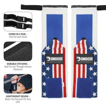 DMoose Wrist Wraps Weightlifting Men 12 and 18 Inches Thumb Loops with Wrist Support for Workouts Powerlifting Wrist Straps for Weight Lifting Men and Women American III