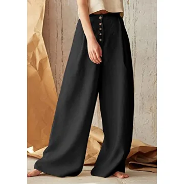 chouyatou Women's Summer High Waisted Cotton Linen Palazzo Wide Leg Casual Pants with Pockets (X-Large, Black)