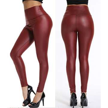 KIWI RATA High Waisted Faux Leather Leggings for Women Butt Lifting Stretchy PU Pants Sexy Tights Wine Red