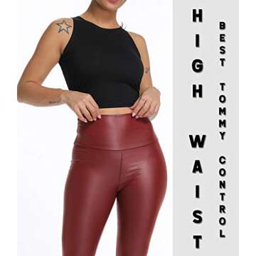 KIWI RATA High Waisted Faux Leather Leggings for Women Butt Lifting Stretchy PU Pants Sexy Tights Wine Red