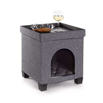 Pawristocrat Cat Bed Unique Pet House Ottoman with Tray Table - Folding Footrest Seat - Large Cat Cube Condo - Beds for Cats and Small Dogs with Fully Washable Mat - Charcoal Cube 15.75x15.75