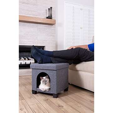 Pawristocrat Cat Bed Unique Pet House Ottoman with Tray Table - Folding Footrest Seat - Large Cat Cube Condo - Beds for Cats and Small Dogs with Fully Washable Mat - Charcoal Cube 15.75x15.75