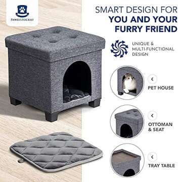 Pawristocrat Cat Bed Unique Pet House Ottoman with Tray Table - Folding Footrest Seat - Large Cat Cube Condo - Beds for Cats and Small Dogs with Fully Washable Mat - Charcoal Cube 15.75x15.75