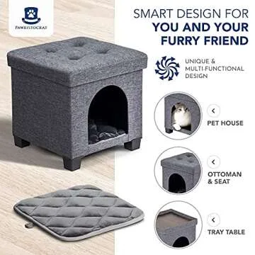 Pawristocrat Cat Bed Unique Pet House Ottoman with Tray Table - Folding Footrest Seat - Large Cat Cube Condo - Beds for Cats and Small Dogs with Fully Washable Mat - Charcoal Cube 15.75x15.75
