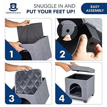 Pawristocrat Cat Bed Unique Pet House Ottoman with Tray Table - Folding Footrest Seat - Large Cat Cube Condo - Beds for Cats and Small Dogs with Fully Washable Mat - Charcoal Cube 15.75x15.75