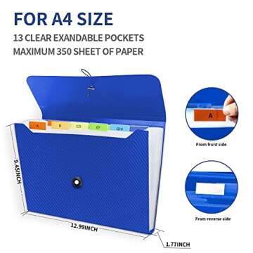 Expanding File Folder, 13 Pockets Accordian File Holder Organizer, A4 Letter Size Paper Document Receipt Organizer Accordion Filing Folder for Classroom, Home, Office and Travel