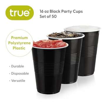 True Black 16oz Plastic Cups for Party, Set of 50, Disposable Drinkware