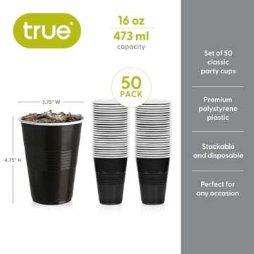 Durable True Black 16oz Disposable Party Cups - Pack of 50
