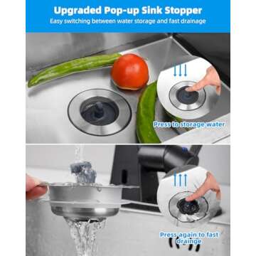 Hibbent Upgraded 3 in 1 Kitchen Sink Drain Strainer and Stopper Combo, Stainless Steel Metal Pop Up Sink Stopper, Anti-Clogging Basket with Foldable Handle for US Standard 3-1/2 Inch Drain
