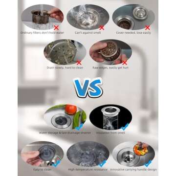 Hibbent Upgraded 3 in 1 Kitchen Sink Drain Strainer and Stopper Combo, Stainless Steel Metal Pop Up Sink Stopper, Anti-Clogging Basket with Foldable Handle for US Standard 3-1/2 Inch Drain