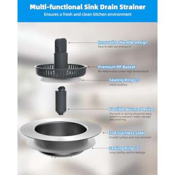 Hibbent Upgraded 3 in 1 Kitchen Sink Drain Strainer and Stopper Combo, Stainless Steel Metal Pop Up Sink Stopper, Anti-Clogging Basket with Foldable Handle for US Standard 3-1/2 Inch Drain