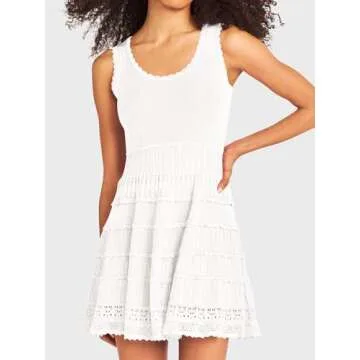 Fisoew Womens Summer Mini Dresses Casual Crewneck Knitted Crochet Hem Flowy Tank Sundress White